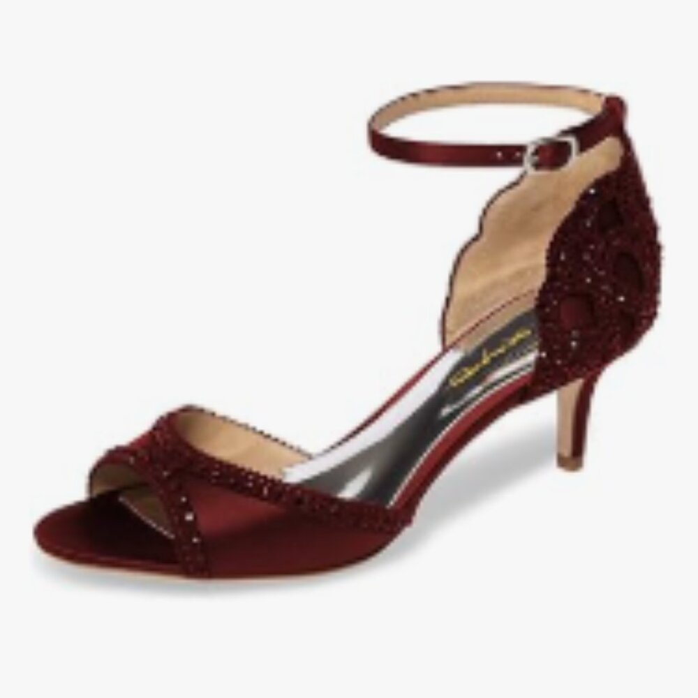 XYD Wine Open Toe Rhinestones Ankle Strap Sandals Low Heel Bridal Evening Shoes